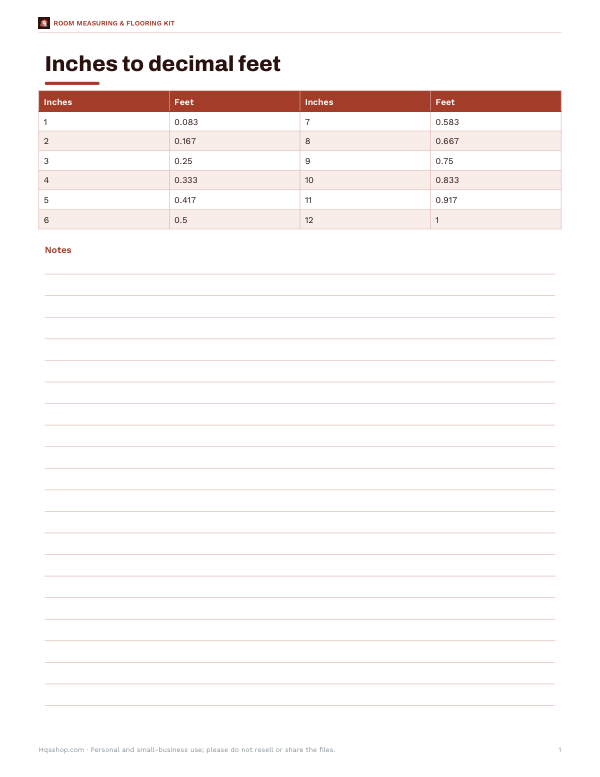 Preview of Printable Inches to Decimal Feet Chart